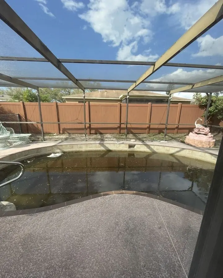 Neglected screened pool full of green water